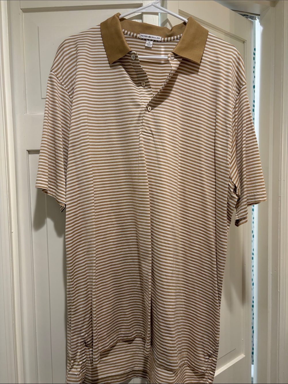 Peter Millar Beige and White Striped Polo with Contrast Collar